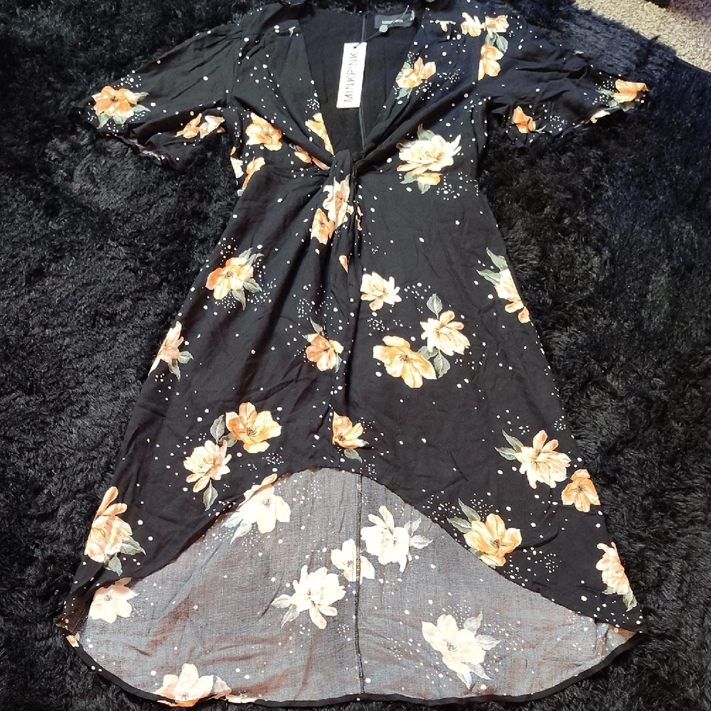 MINKPINK Black Dress with Orange Floral MINK PINK TANGERINE DREAM MIDI DRESS